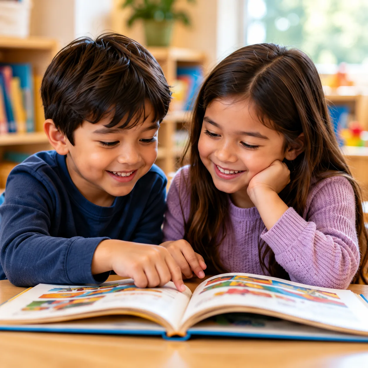 Two school-age children reading a book together