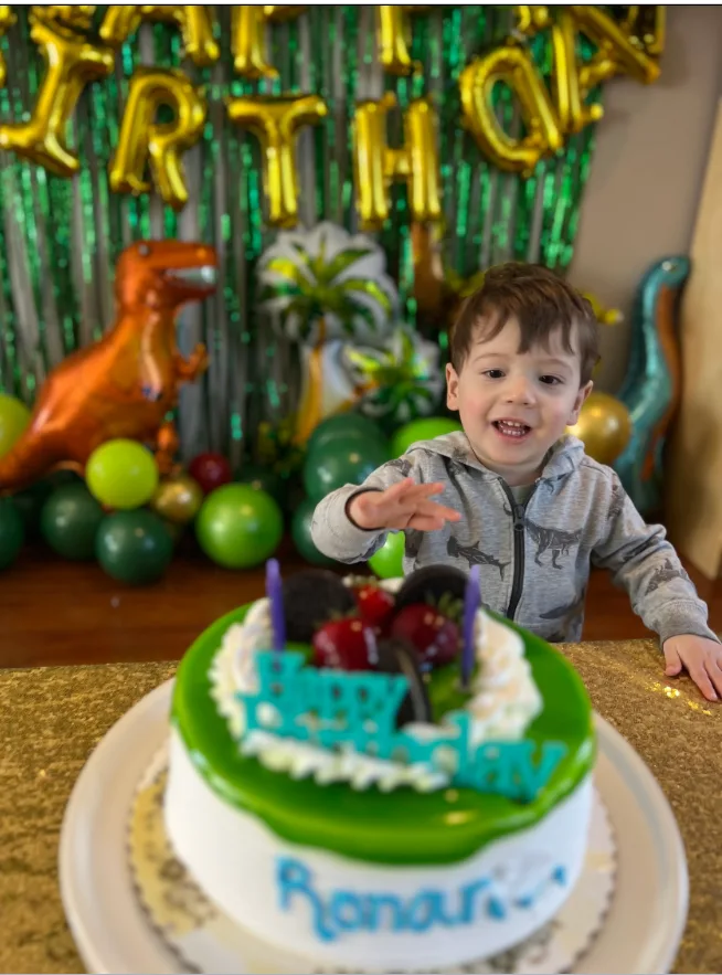 Birthday boy smiling beside his dinosaur birthday cake