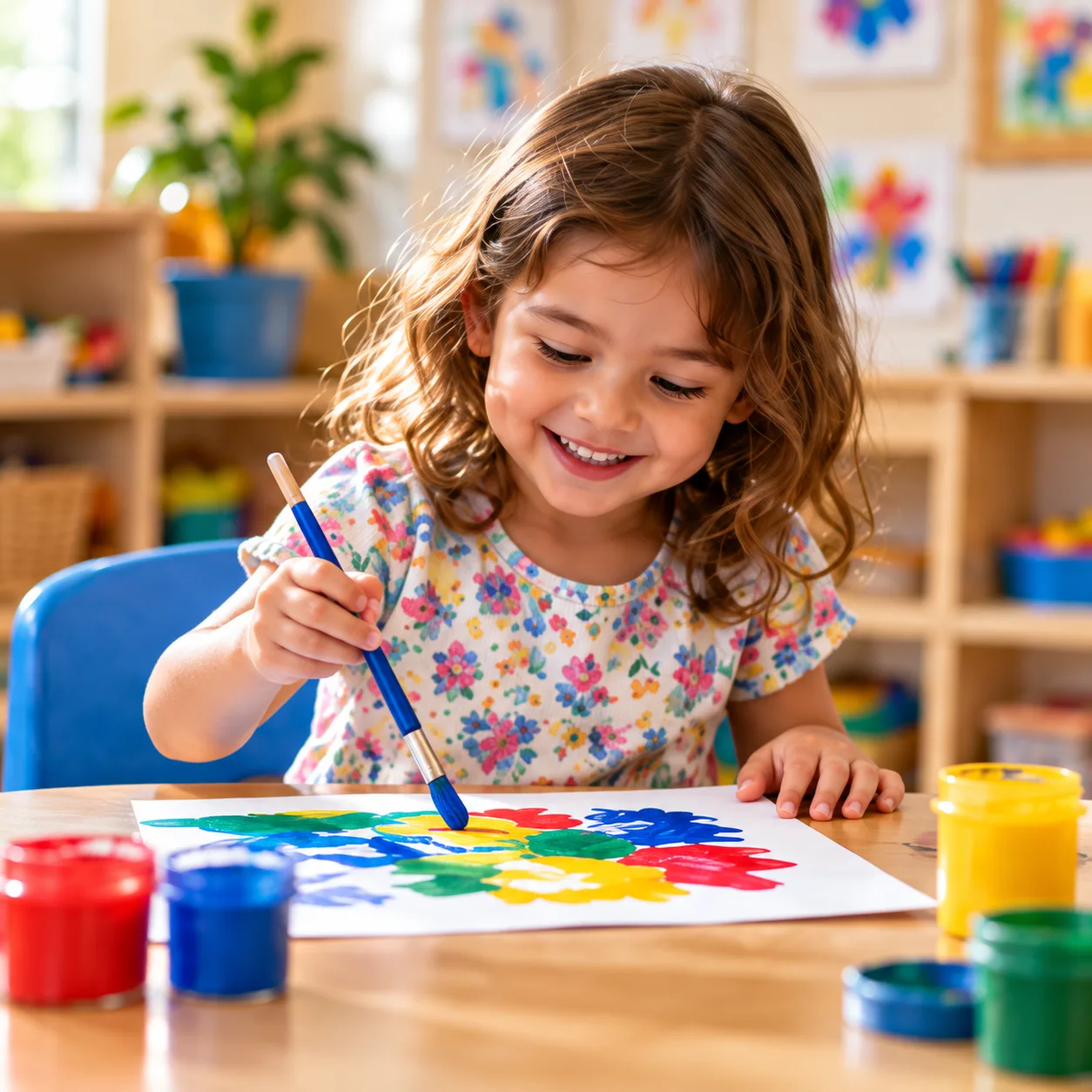 Preschool child painting colorful flowers