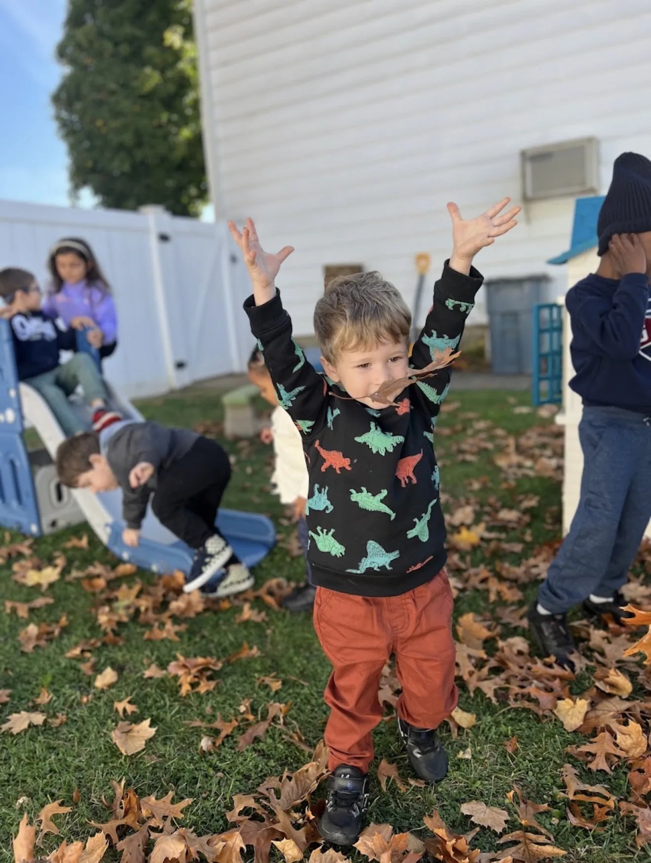 Boy with arms raised in a yard full of autumn leaves by the playhouse