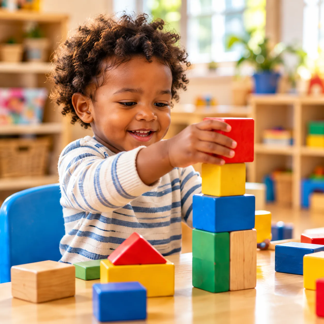 Toddler stacking colorful wooden blocks