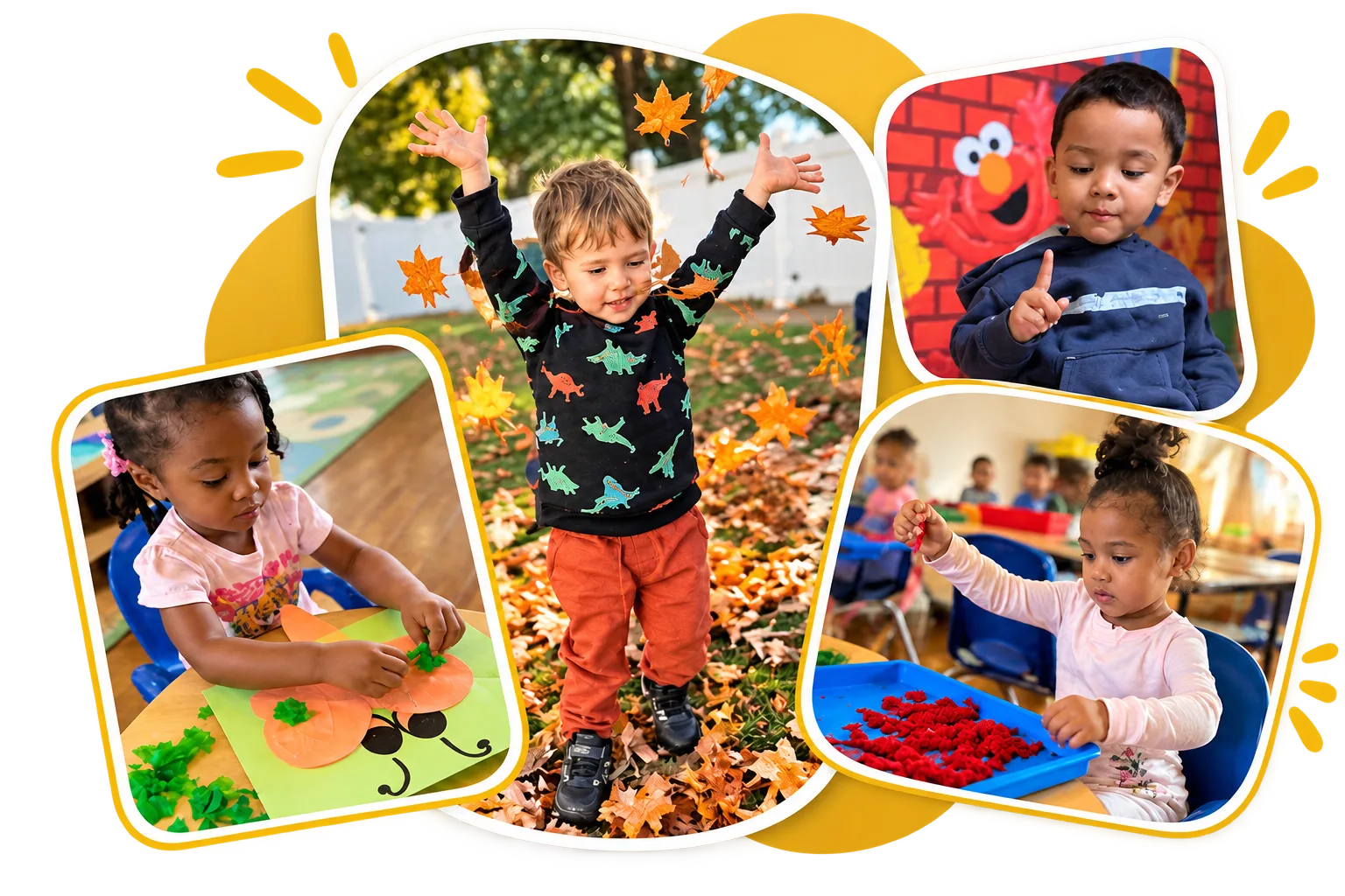 Children enjoying outdoor play, crafts, and sensory activities